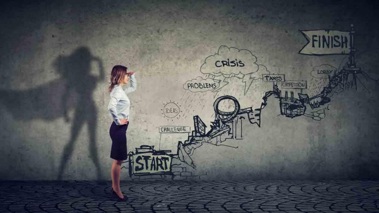 Businesswoman imagining to be a super hero looking aspired making career plans Business career challenges concept. Businesswoman imagining to be a super hero looking aspired making career plans