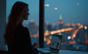 Woman CEO looking out of her window to a view of city lights_cfee6351-803c-4341-9d30-1932c2915d85 A woman collaborating on a computer, working towards ISO 27001:2022 compliance within a team.