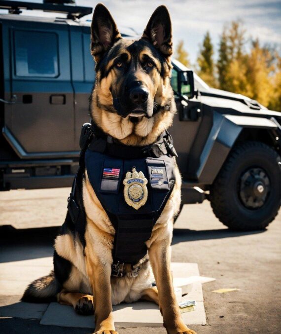 A trained canine in action, equipped with a tactical harness, ready to assist in field operations against organized crime.